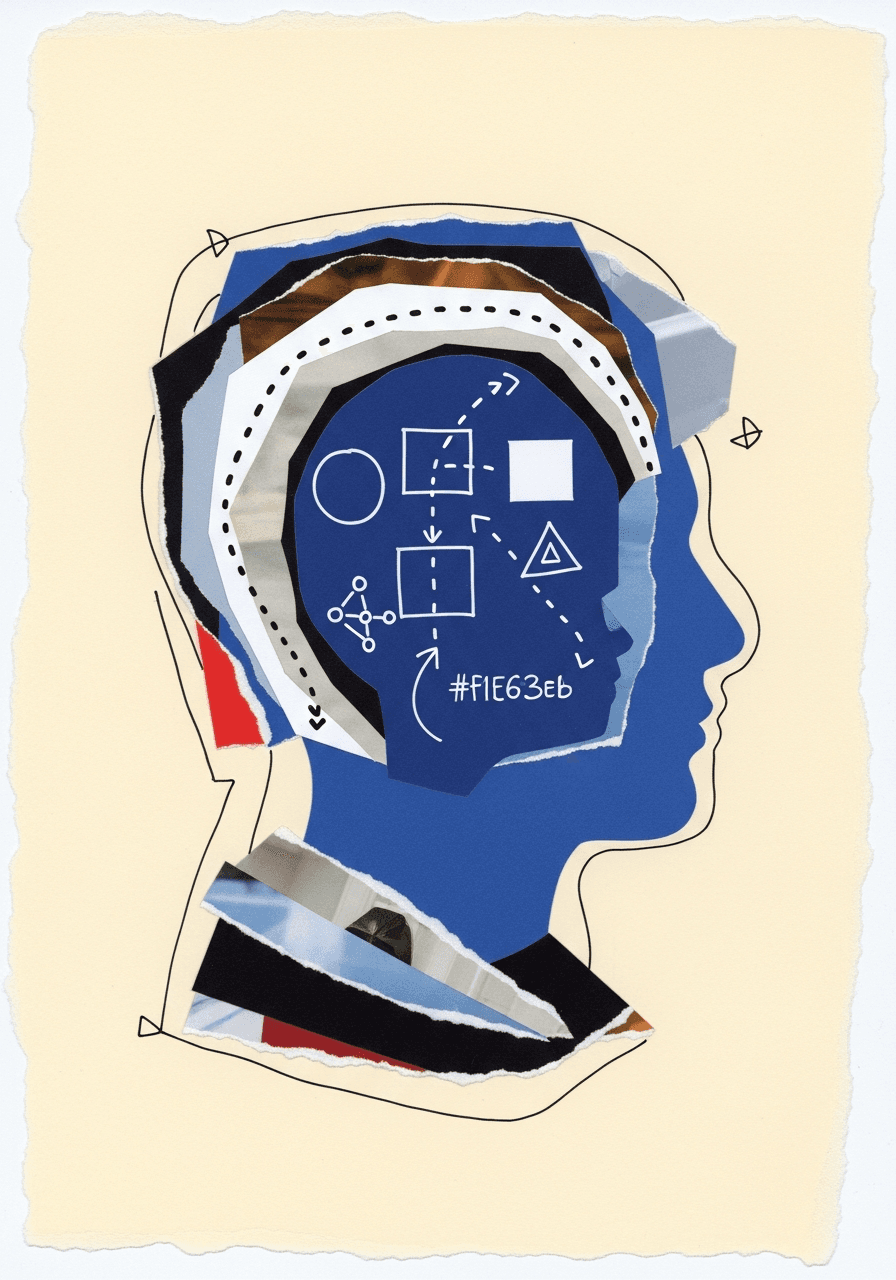 Cut-paper collage of a learner's mental model forming