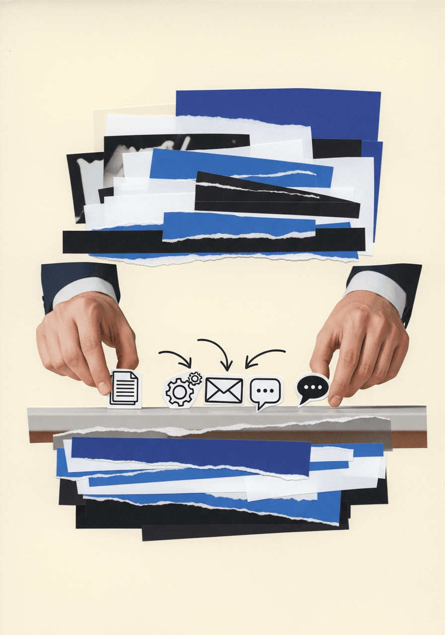 Cut-paper collage of hands arranging workflow icons
