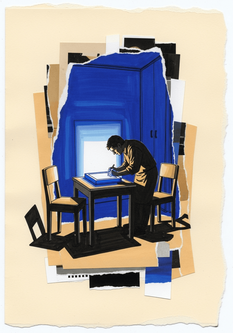 Cut-paper collage of a single workshop moment of focus