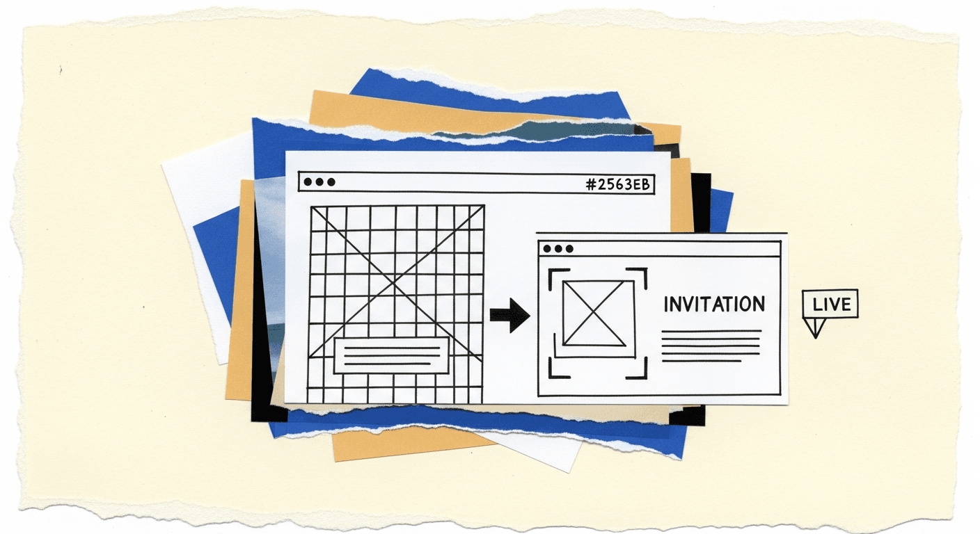 Cut-paper collage of an invitation card transforming into a website